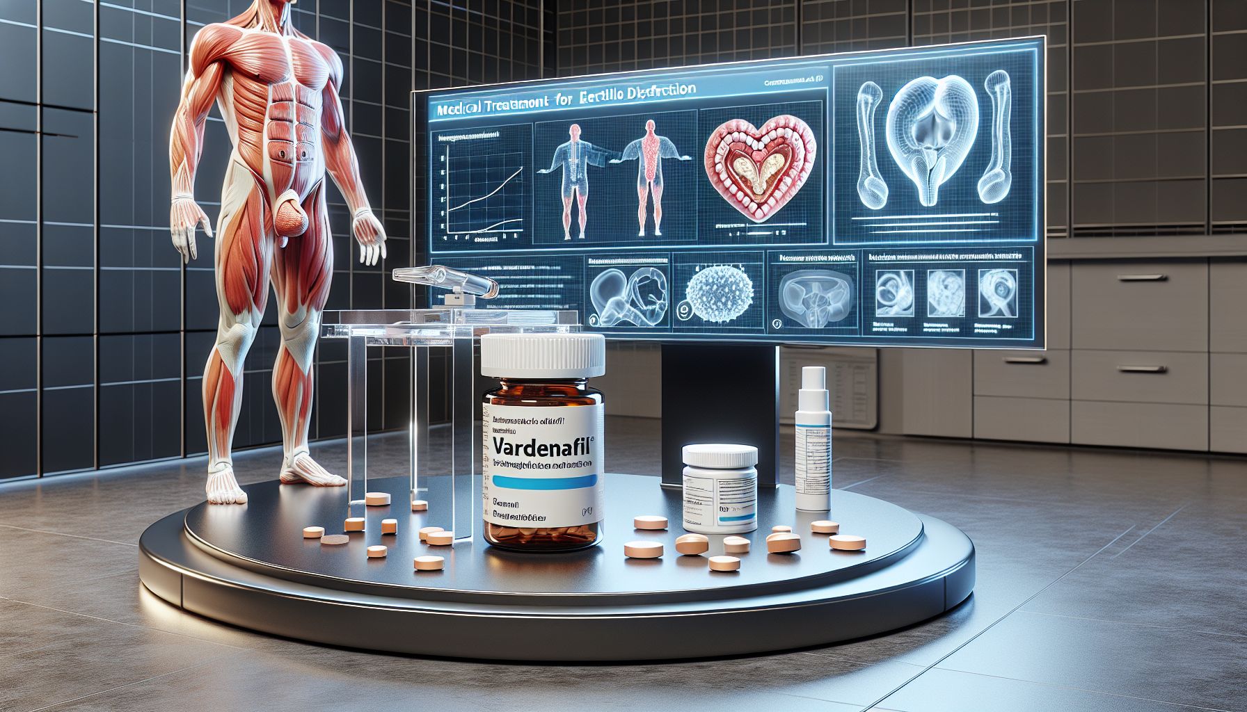 Vardenafil tablets with medical infographic explaining its use and benefits